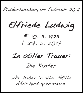 Traueranzeige von Elfriede Ludwig von Eßlinger Zeitung/Cannstatter Zeitung