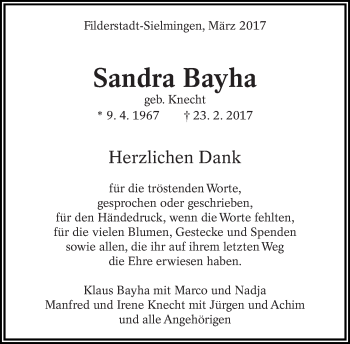Traueranzeige von Sandra Bayha von Eßlinger Zeitung/Cannstatter Zeitung
