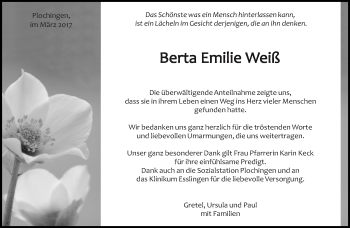 Traueranzeige von Berta Emilie Weiß von Eßlinger Zeitung/Cannstatter Zeitung
