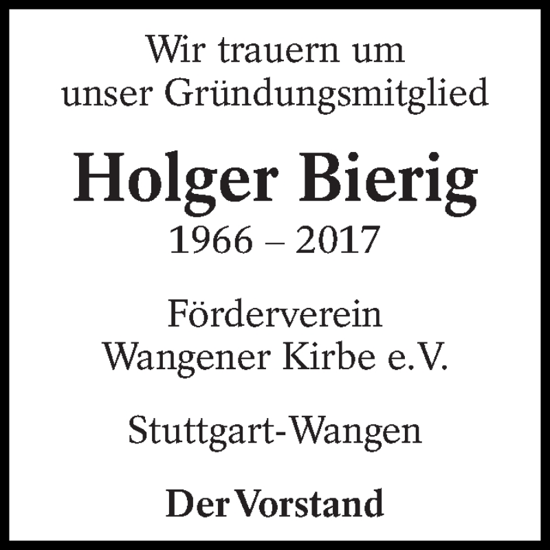  Traueranzeige für Holger Bierig vom 17.03.2017 aus Eßlinger Zeitung/Cannstatter Zeitung