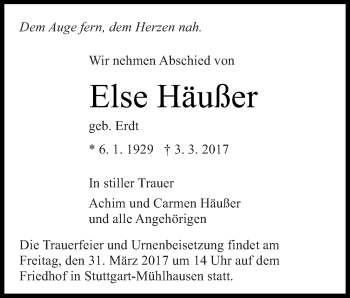 Traueranzeige von Else Häußer von Eßlinger Zeitung/Cannstatter Zeitung