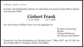 Traueranzeige von Gisbert Frank von Eßlinger Zeitung/Cannstatter Zeitung