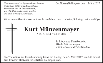 Traueranzeige von Kurt Münzenmayer von Eßlinger Zeitung/Cannstatter Zeitung