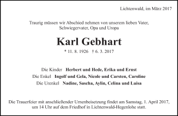 Traueranzeige von Karl Gebhart von Eßlinger Zeitung/Cannstatter Zeitung