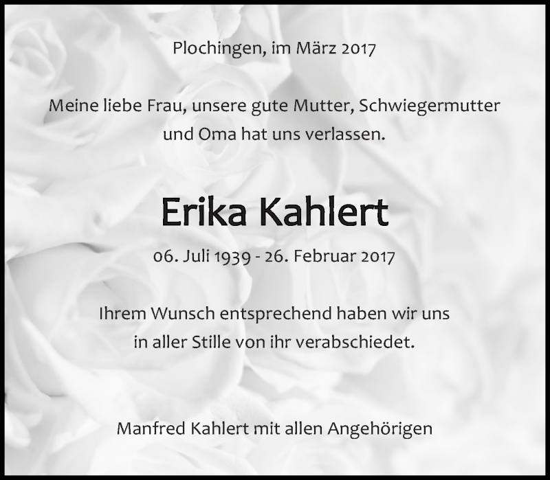  Traueranzeige für Erika Kahlert vom 14.03.2017 aus Eßlinger Zeitung/Cannstatter Zeitung