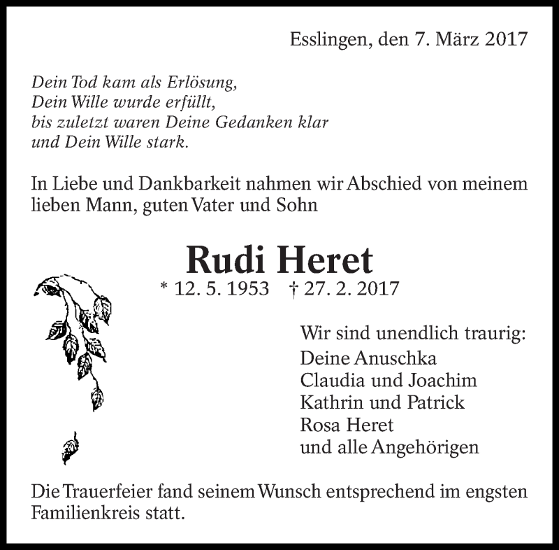  Traueranzeige für Rudi Heret vom 07.03.2017 aus Eßlinger Zeitung/Cannstatter Zeitung