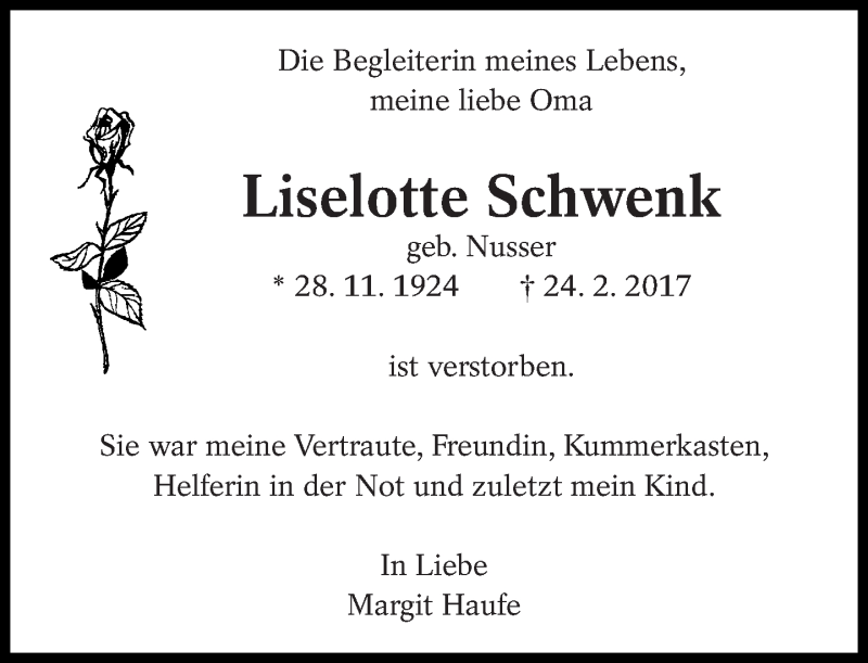  Traueranzeige für Liselotte Schwenk vom 08.03.2017 aus Eßlinger Zeitung/Cannstatter Zeitung
