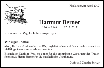 Traueranzeige von Hartmut Berner von Eßlinger Zeitung/Cannstatter Zeitung