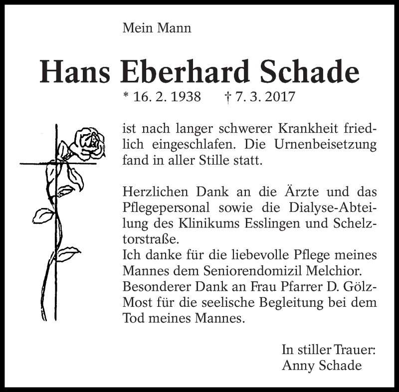 Traueranzeige für Hans Eberhard Schade vom 01.04.2017 aus Eßlinger Zeitung/Cannstatter Zeitung