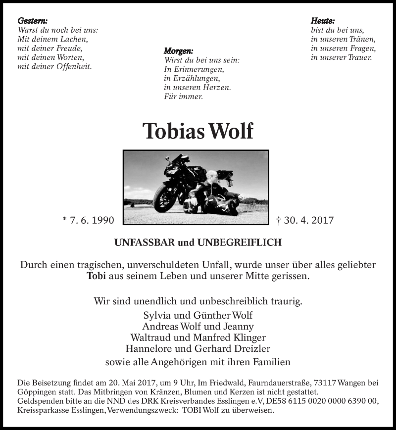  Traueranzeige für Tobias Wolf vom 13.05.2017 aus Eßlinger Zeitung/Cannstatter Zeitung