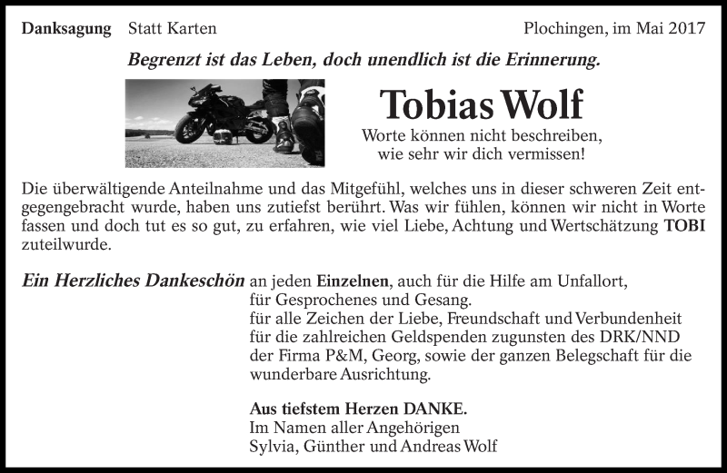  Traueranzeige für Tobias Wolf vom 27.05.2017 aus Eßlinger Zeitung/Cannstatter Zeitung