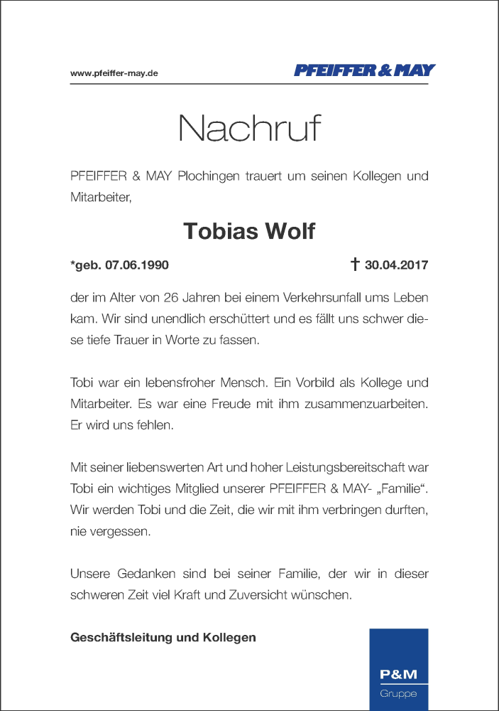  Traueranzeige für Tobias Wolf vom 05.05.2017 aus Eßlinger Zeitung/Cannstatter Zeitung