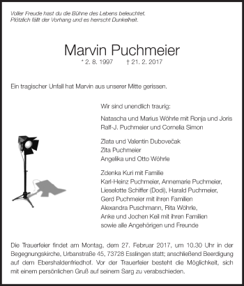 Traueranzeige von Marvin Puchmeier von Eßlinger Zeitung/Cannstatter Zeitung