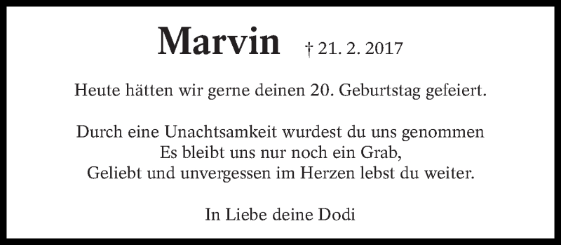  Traueranzeige für Marvin Puchmeier vom 02.08.2017 aus Eßlinger Zeitung/Cannstatter Zeitung