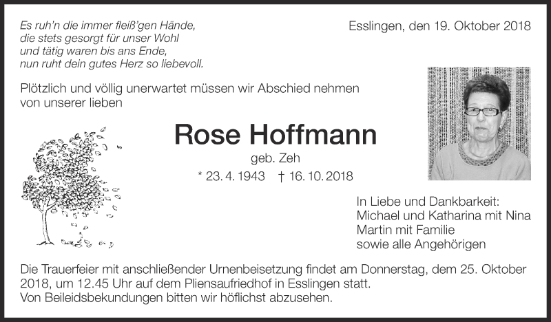  Traueranzeige für Rose Hoffmann vom 19.10.2018 aus Eßlinger Zeitung/Cannstatter Zeitung