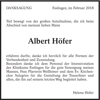 Traueranzeige von Albert Höfer von Eßlinger Zeitung/Cannstatter Zeitung