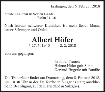 Traueranzeige von Albert Höfer von Eßlinger Zeitung/Cannstatter Zeitung