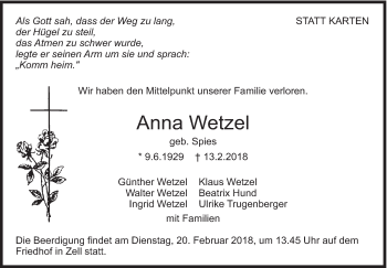 Traueranzeige von Anna Wetzel von Eßlinger Zeitung/Cannstatter Zeitung
