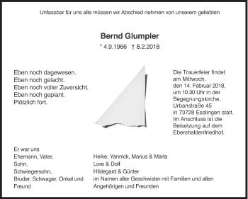 Traueranzeige von Bernd Glumpler von Eßlinger Zeitung/Cannstatter Zeitung
