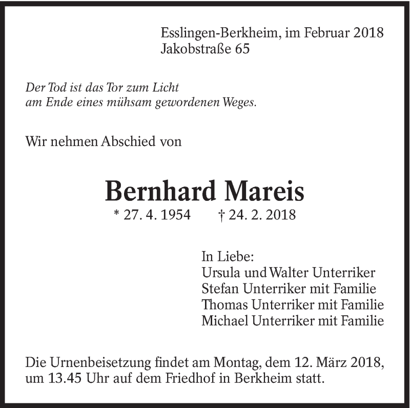  Traueranzeige für Bernhard Mareis vom 27.02.2018 aus Eßlinger Zeitung/Cannstatter Zeitung