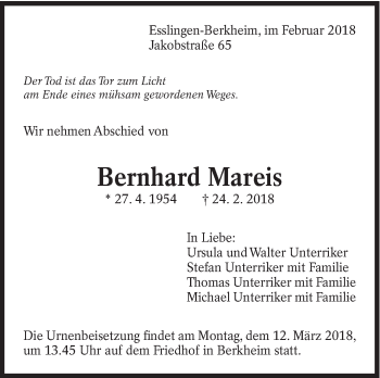 Traueranzeige von Bernhard Mareis von Eßlinger Zeitung/Cannstatter Zeitung