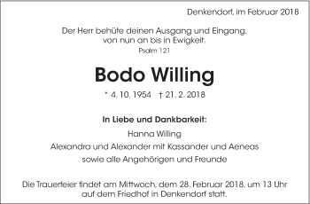 Traueranzeige von Bodo Willing von Eßlinger Zeitung/Cannstatter Zeitung