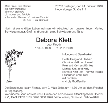 Traueranzeige von Debora Klett von Eßlinger Zeitung/Cannstatter Zeitung