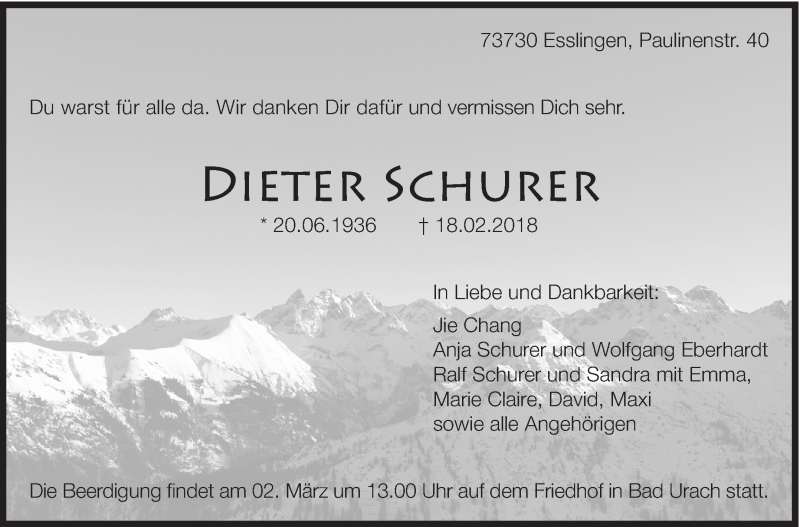  Traueranzeige für Dieter Schurer vom 26.02.2018 aus Eßlinger Zeitung/Cannstatter Zeitung