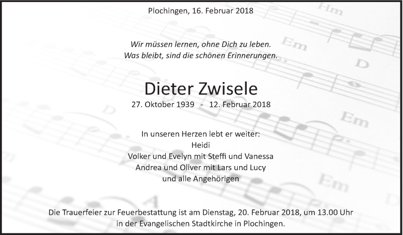  Traueranzeige für Dieter Zwisele vom 16.02.2018 aus Eßlinger Zeitung/Cannstatter Zeitung