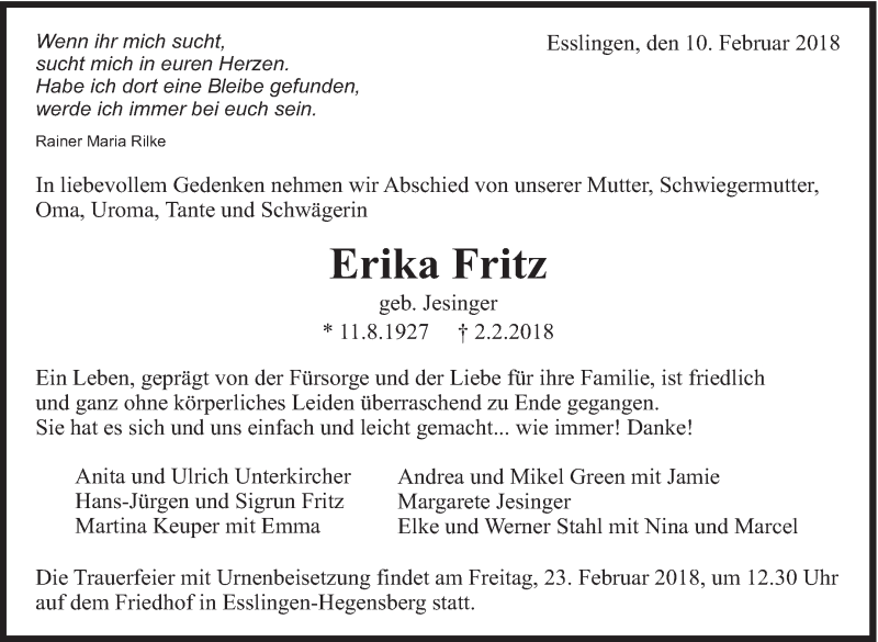  Traueranzeige für Erika Fritz vom 10.02.2018 aus Eßlinger Zeitung/Cannstatter Zeitung