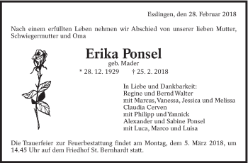 Traueranzeige von Erika Ponsel von Eßlinger Zeitung/Cannstatter Zeitung