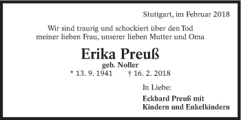 Traueranzeige von Erika Preuß von Eßlinger Zeitung/Cannstatter Zeitung