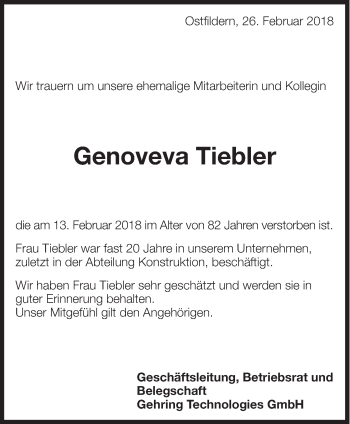 Traueranzeige von Genoveva Tiebler von Eßlinger Zeitung/Cannstatter Zeitung