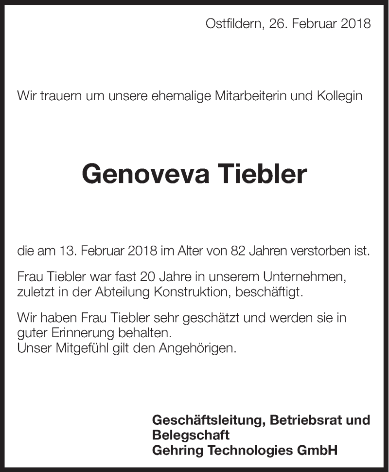  Traueranzeige für Genoveva Tiebler vom 28.02.2018 aus Eßlinger Zeitung/Cannstatter Zeitung