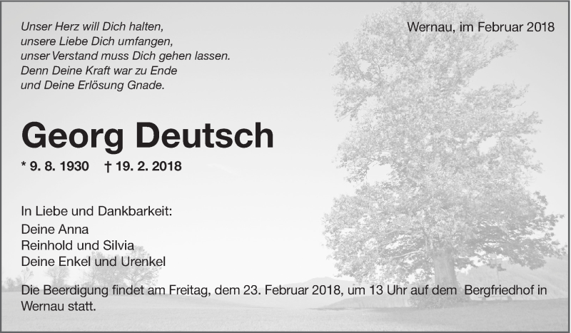  Traueranzeige für Georg Deutsch vom 22.02.2018 aus Eßlinger Zeitung/Cannstatter Zeitung