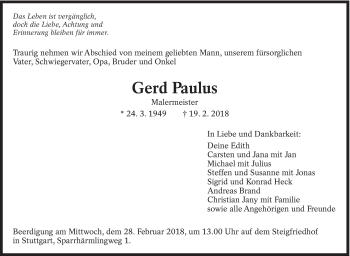 Traueranzeige von Gerd Paulus von Eßlinger Zeitung/Cannstatter Zeitung