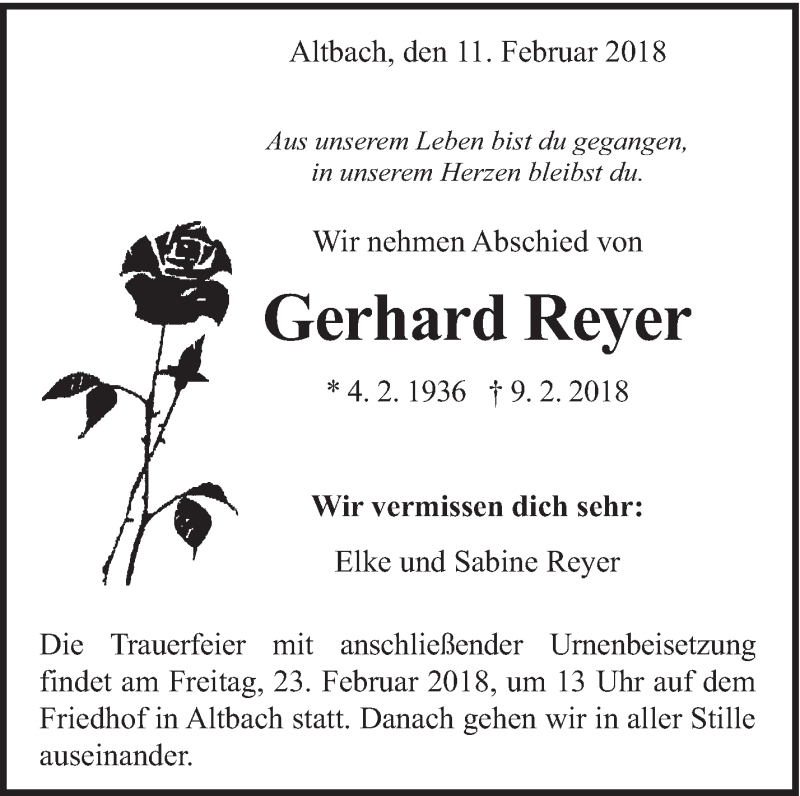  Traueranzeige für Gerhard Reyer vom 19.02.2018 aus Eßlinger Zeitung/Cannstatter Zeitung