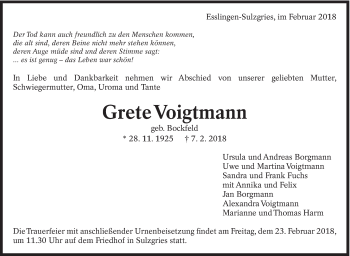 Traueranzeige von Grete Voigtmann von Eßlinger Zeitung/Cannstatter Zeitung