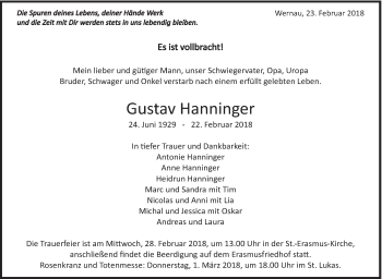Traueranzeige von Gustav Hanninger von Eßlinger Zeitung/Cannstatter Zeitung