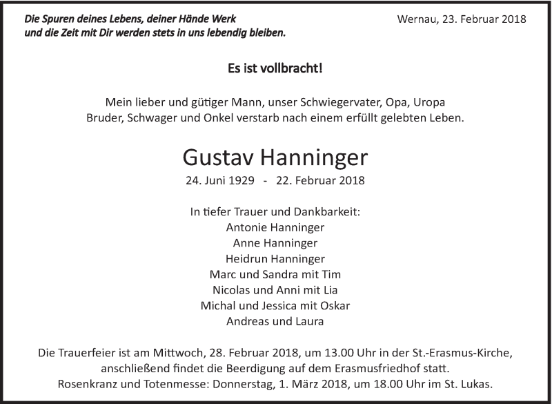  Traueranzeige für Gustav Hanninger vom 24.02.2018 aus Eßlinger Zeitung/Cannstatter Zeitung