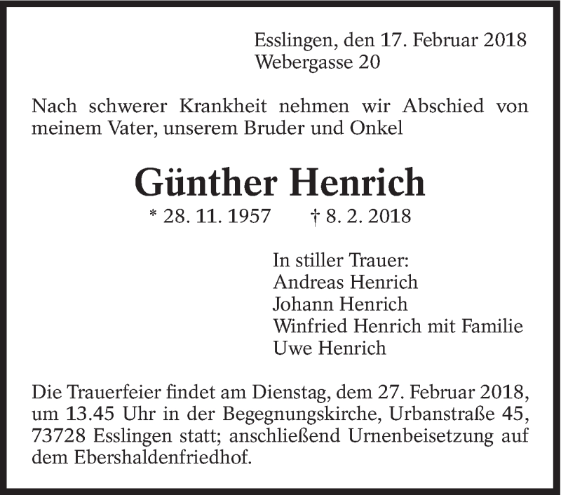  Traueranzeige für Günther Henrich vom 17.02.2018 aus Eßlinger Zeitung/Cannstatter Zeitung