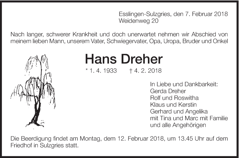  Traueranzeige für Hans Dreher vom 07.02.2018 aus Eßlinger Zeitung/Cannstatter Zeitung