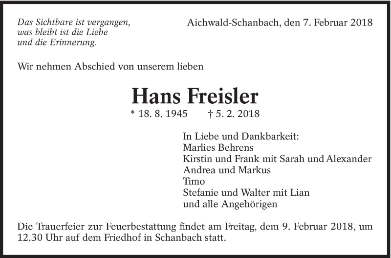  Traueranzeige für Hans Freisler vom 07.02.2018 aus Eßlinger Zeitung/Cannstatter Zeitung