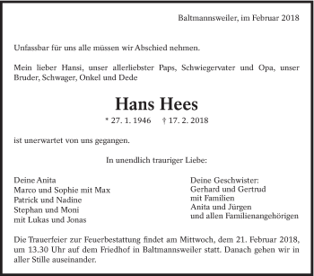 Traueranzeige von Hans Hees von Eßlinger Zeitung/Cannstatter Zeitung