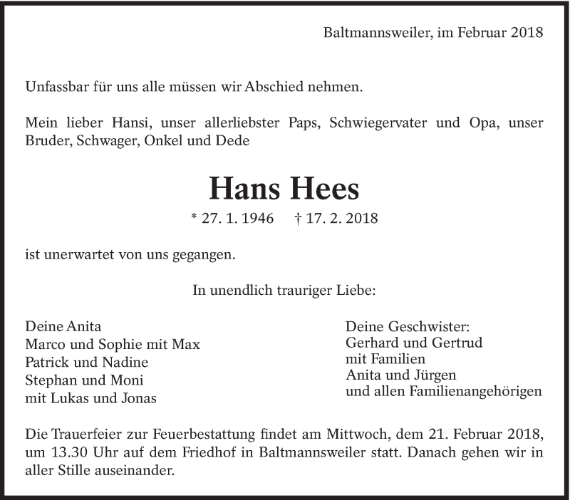 Traueranzeige für Hans Hees vom 19.02.2018 aus Eßlinger Zeitung/Cannstatter Zeitung