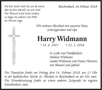 Traueranzeige von Harry Widmann von Eßlinger Zeitung/Cannstatter Zeitung