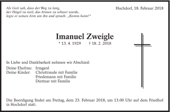 Traueranzeige von Imanuel Zweigle von Eßlinger Zeitung/Cannstatter Zeitung