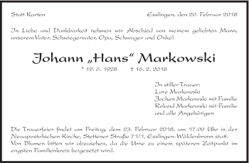 Traueranzeige von Johann Markowski von Eßlinger Zeitung/Cannstatter Zeitung