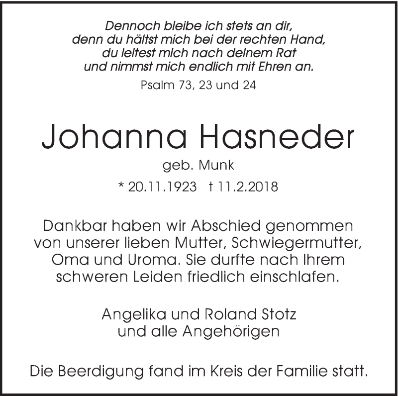  Traueranzeige für Johanna Hasneder vom 24.02.2018 aus Eßlinger Zeitung/Cannstatter Zeitung