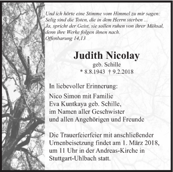 Traueranzeige von Judith Nicolay von Eßlinger Zeitung/Cannstatter Zeitung